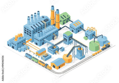 Isometric industrial factory complex with conveyor belts, silos, and trains