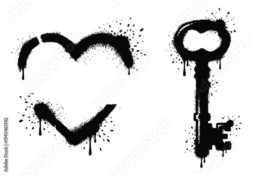 Graffiti illustration set of 2 featuring heart and key with spray paint drips for urban design