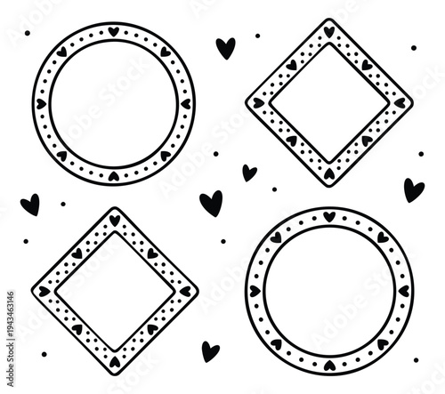 Outline icon set of 4 decorative frames featuring circle and diamond shapes with hearts and dots for greeting card design