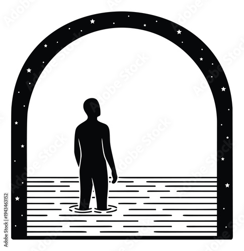 Silhouette illustration of person standing in cosmic archway depicting solitude and contemplation for spiritual design