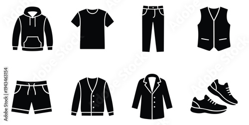 Silhouette icon set of 8 featuring menswear and footwear essentials for fashion retail design