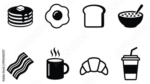 Silhouette icon set of 8 breakfast food items featuring pancakes, eggs and coffee for restaurant menu design