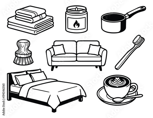 Outline icon set of 8 household items featuring furniture, linens and daily essentials for home design