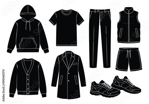 Silhouette icon set of 9 featuring men's casual clothing and footwear for fashion design
