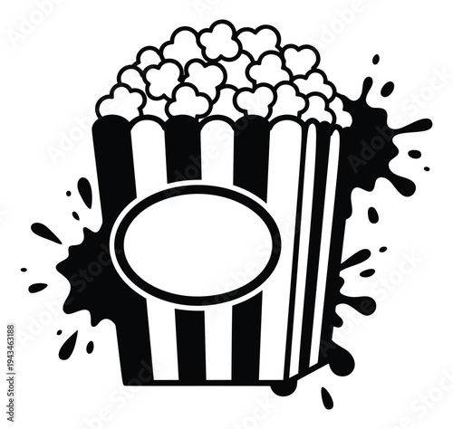 Bold cartoon illustration of popcorn box with splash effects depicting entertainment snack for cinema and movie design