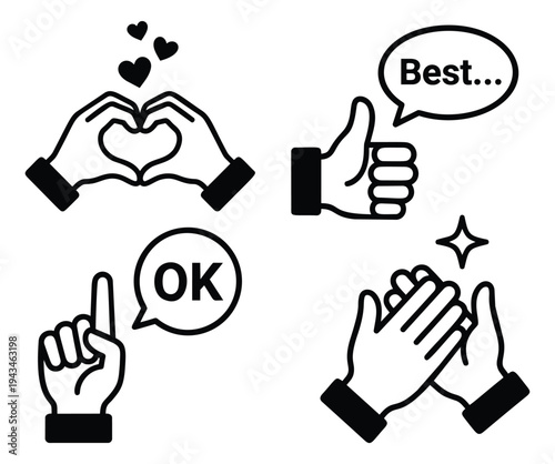 Bold silhouette icon set of 4 featuring hand gestures with hearts, thumbs up, ok sign and clapping for social media design