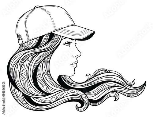 Line art illustration of woman in baseball cap depicting flowing hair for fashion and sports design