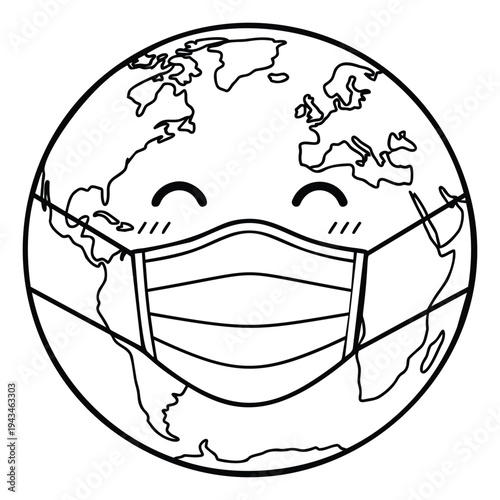 Line art illustration of earth wearing medical mask depicting global health protection for pandemic awareness design