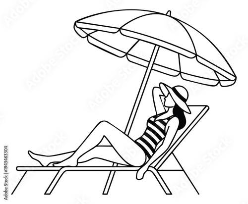 Line art illustration of woman relaxing on beach chair under umbrella depicting summer vacation for travel and leisure design