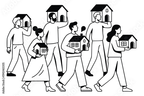 Line art illustration of diverse people holding houses depicting real estate investment and property ownership for housing market design