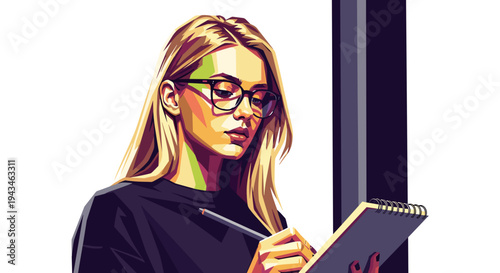 Young woman writing in notebook while wearing glasses indoors  