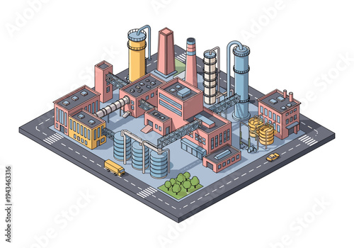 Isometric industrial factory complex with pipelines, tanks, and vehicles on a white background