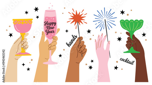 Hands holding festive holiday drinks with sparklers for new year party