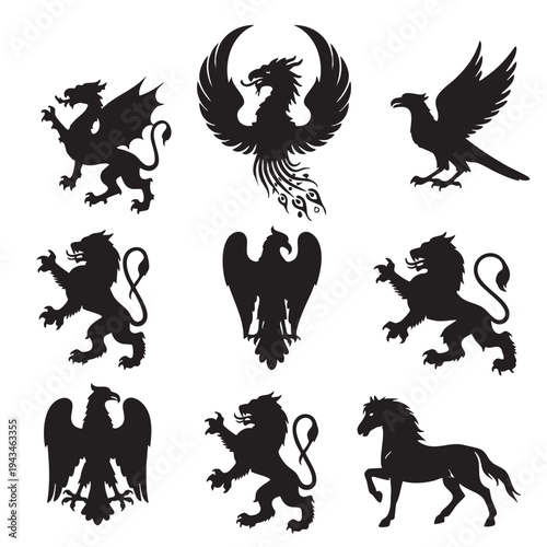 Heraldic animals set featuring dragons, lions, eagles, and horses in black silhouettes.