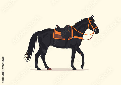 Elegant black horse with saddle and bridle walking gracefully on a plain background