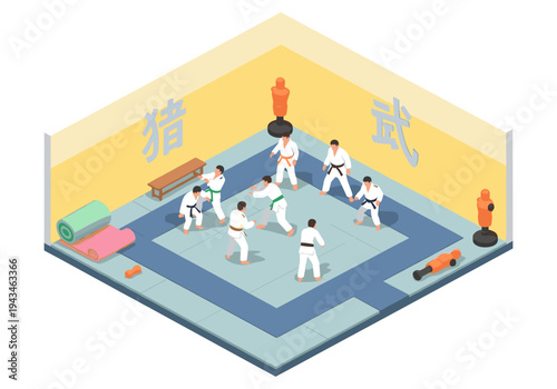 Martial arts training session with multiple practitioners in a dojo setting