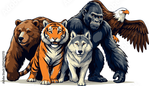 Wild Animal Group Illustration with Bear Tiger Wolf Gorilla and Eagle Wildlife Vector Collection