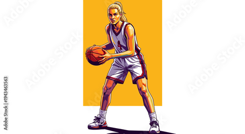 Female athlete dribbling basketball with confident stance in vibrant colors  