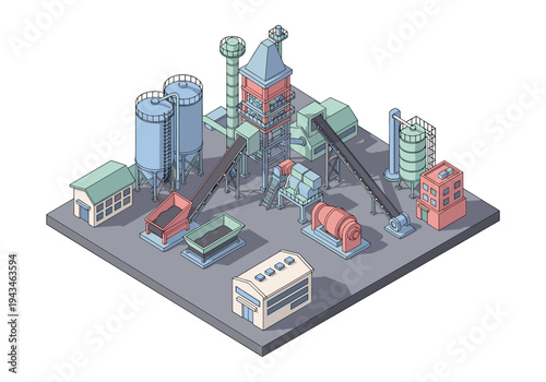 Isometric industrial factory complex with silos, conveyor belts, and processing machinery