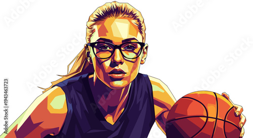 Young woman in glasses holding basketball in colorful illustration  