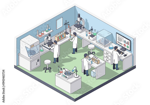 Isometric laboratory scene with scientists conducting experiments and analyzing data on computers