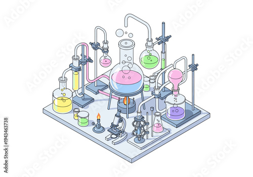Isometric laboratory setup with colorful liquids and scientific equipment for experiments