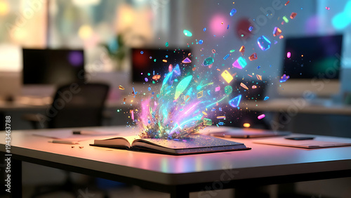 Magical Open Book with Colorful Light Particles