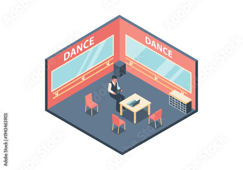 Man sitting at a table with a laptop in a dance studio with mirrors and ballet barres