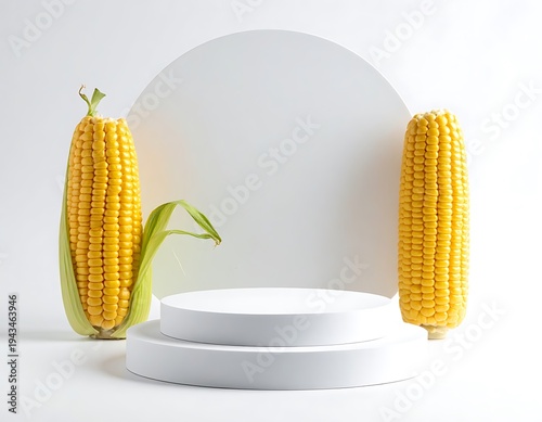 Two corn cobs flank a white two-tiered platform against a white circular backdrop, minimal, clean, and bright