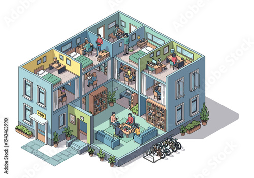 Isometric view of a co-living space with shared workspaces, bedrooms, and common areas