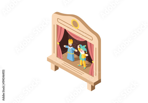 Isometric puppet theater with king and jester characters performing on stage