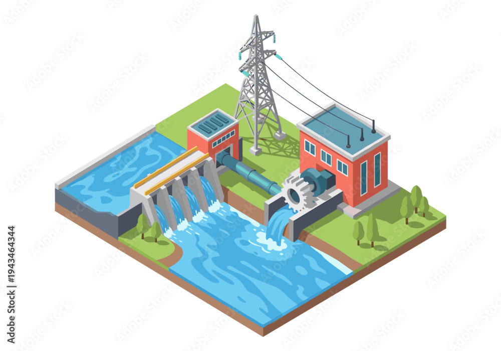 Naklejka premium Isometric hydroelectric power plant generating clean renewable energy from flowing water