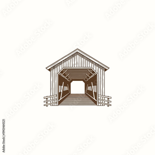 Minimalist line art illustration of a traditional wooden covered bridge, depicting rustic charm and classic rural architectural heritage