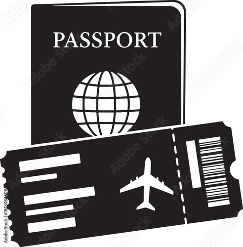 Black and white silhouette illustration of a passport and airplane boarding pass ticket for international travel and tourism concepts