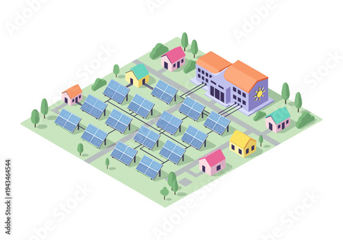 Isometric view of a solar farm powering a small community with houses and buildings