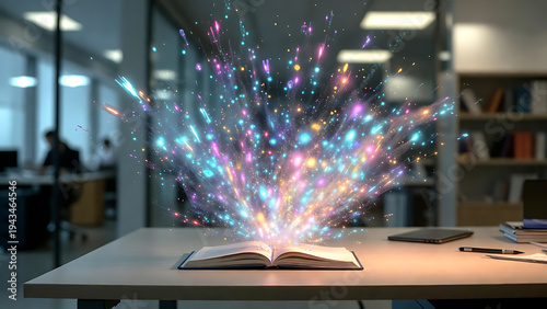 Magical Open Book with Colorful Light Particles and Knowledge Concept