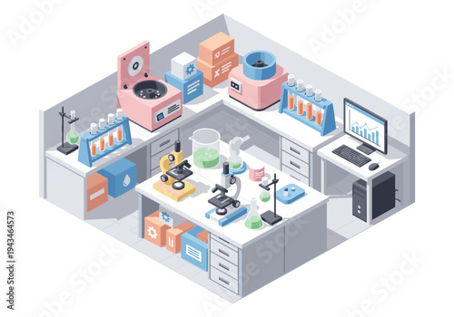 Modern isometric laboratory setup with scientific equipment and computer workstation