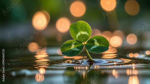 Lucky Four Leaf Clover Floating on Water with Bokeh Lights