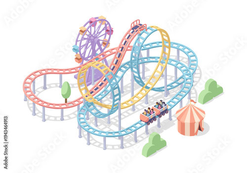 Isometric amusement park with colorful roller coaster and Ferris wheel on a white background