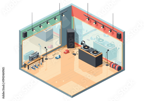 Isometric recording studio setup with DJ booth and vocal booth for music production