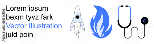 Science, energy efficiency, space technology, medical services, graphic design, futuristic . Rocket, flame stethoscope and stylized text. Space exploration and energy efficiency concepts