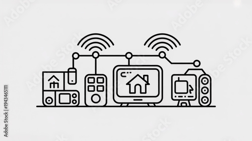 Smart home devices connect to central control panel showing house icon