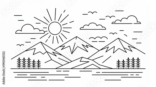 A serene landscape illustration depicts a sunny mountain range with trees and water under a cloudy sky in a perspective view.