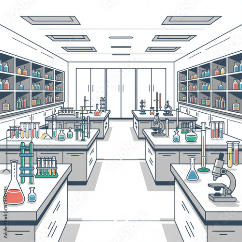 A laboratory setting with various workstations and equipment for scientific experiments and research activities indoors