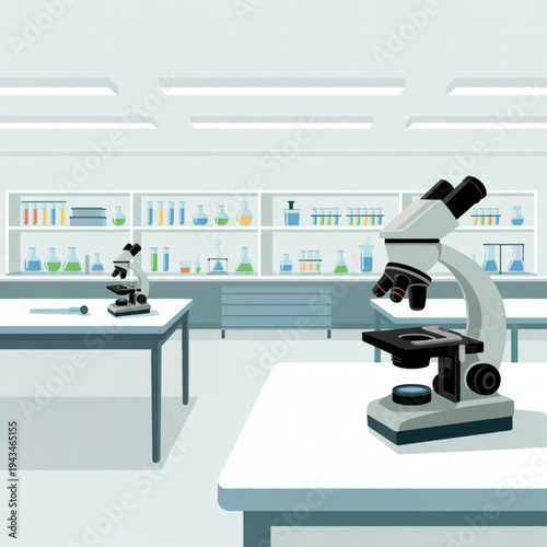 Scientists examine specimens in a laboratory with microscopes on tables