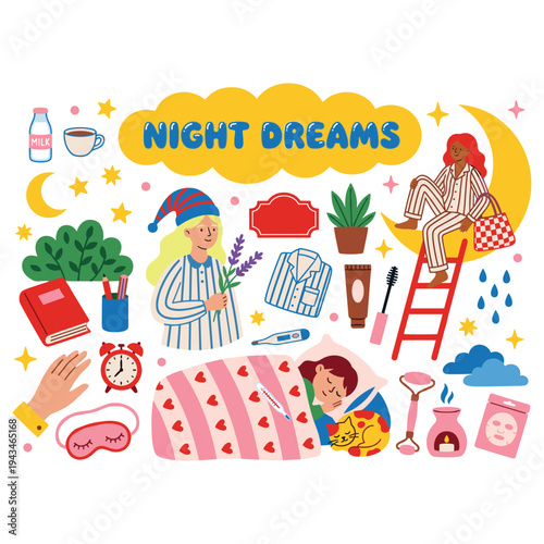 Night dreams collection of sleep related elements and activities for restful slumber