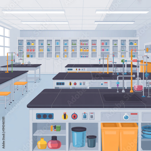 A clean and minimal vector illustration of a laboratory interior with equipment and tools on workbenches