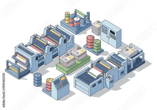 Isometric illustration of a modern printing press and related industrial equipment