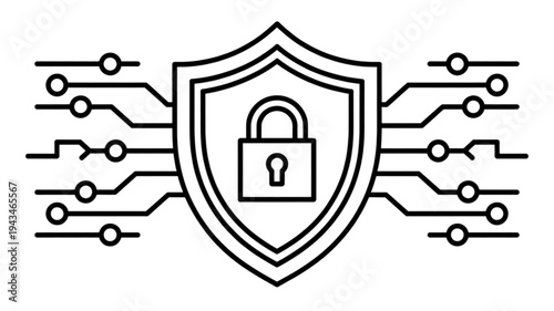 Dynamic Shield and Padlock Illustration Showing Circuitry and Security in Bold Black Graphic