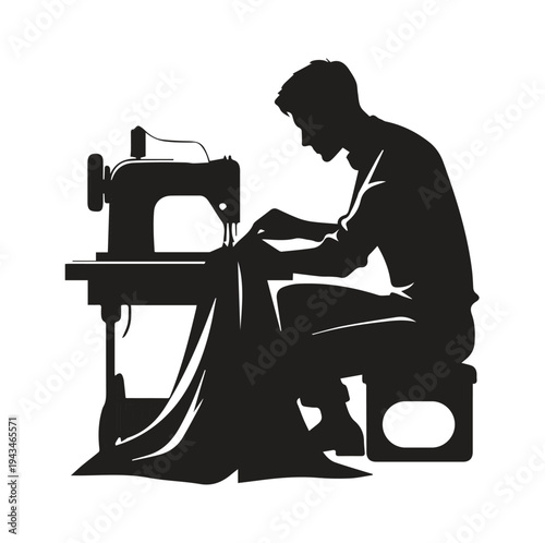 Tailor Silhouette Working on Vintage Sewing Machine – Male Seamstress Vector Illustration